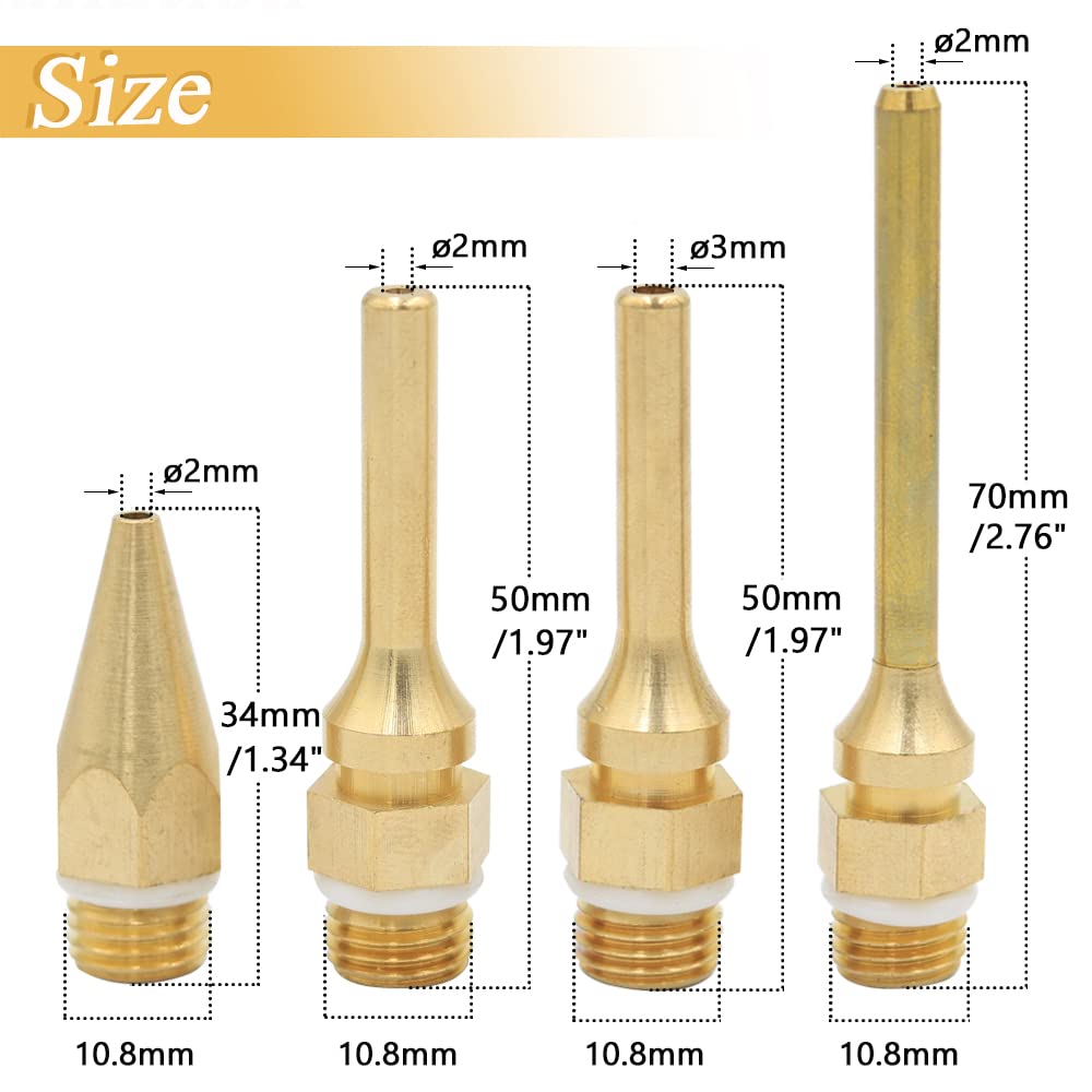 Mesee 4pcs Hot Melt Glue Gun Nozzle Set for 11mm Thread Power Tools, Long Short Small-bore Large Diameter Pure Copper Nozzle Tips 2.0x70mm 2.0x50mm 2.0x34mm 3.0x50mm