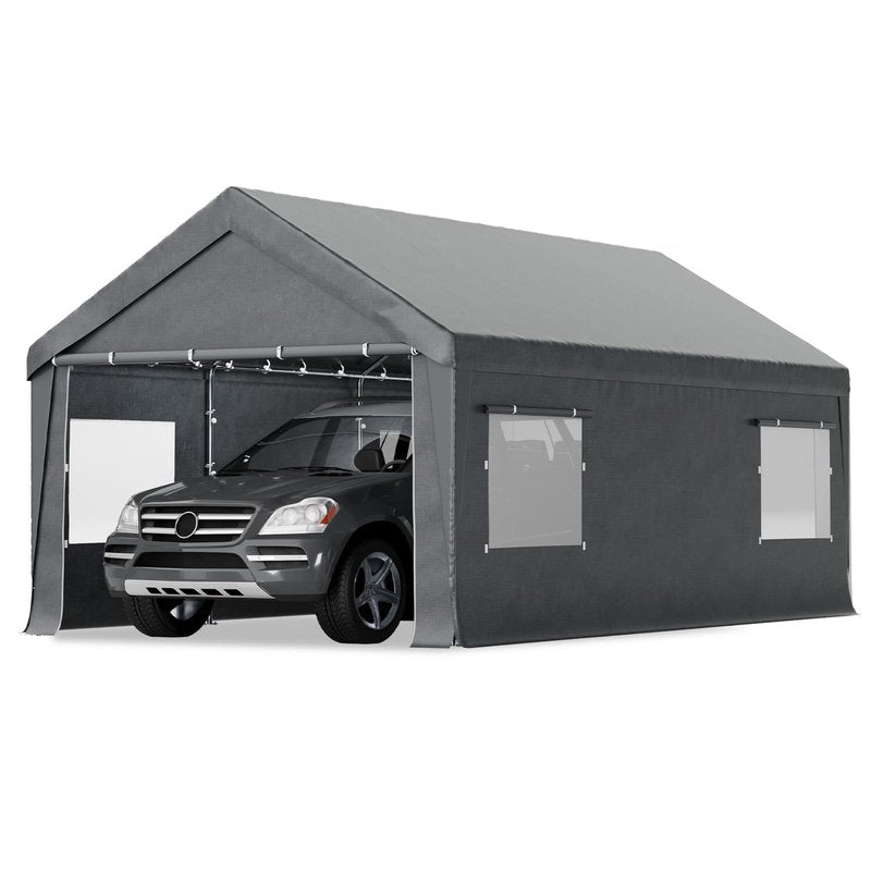 Bezseller 12x20 FT Heavy Duty Carport Canopy with Removable Sidewalls, Portable Garage Tent with Roll-Up Windows & Doors, Car Port with All-Season Tarp for Cars, Boats, Trucks, Motorcycles, Gray