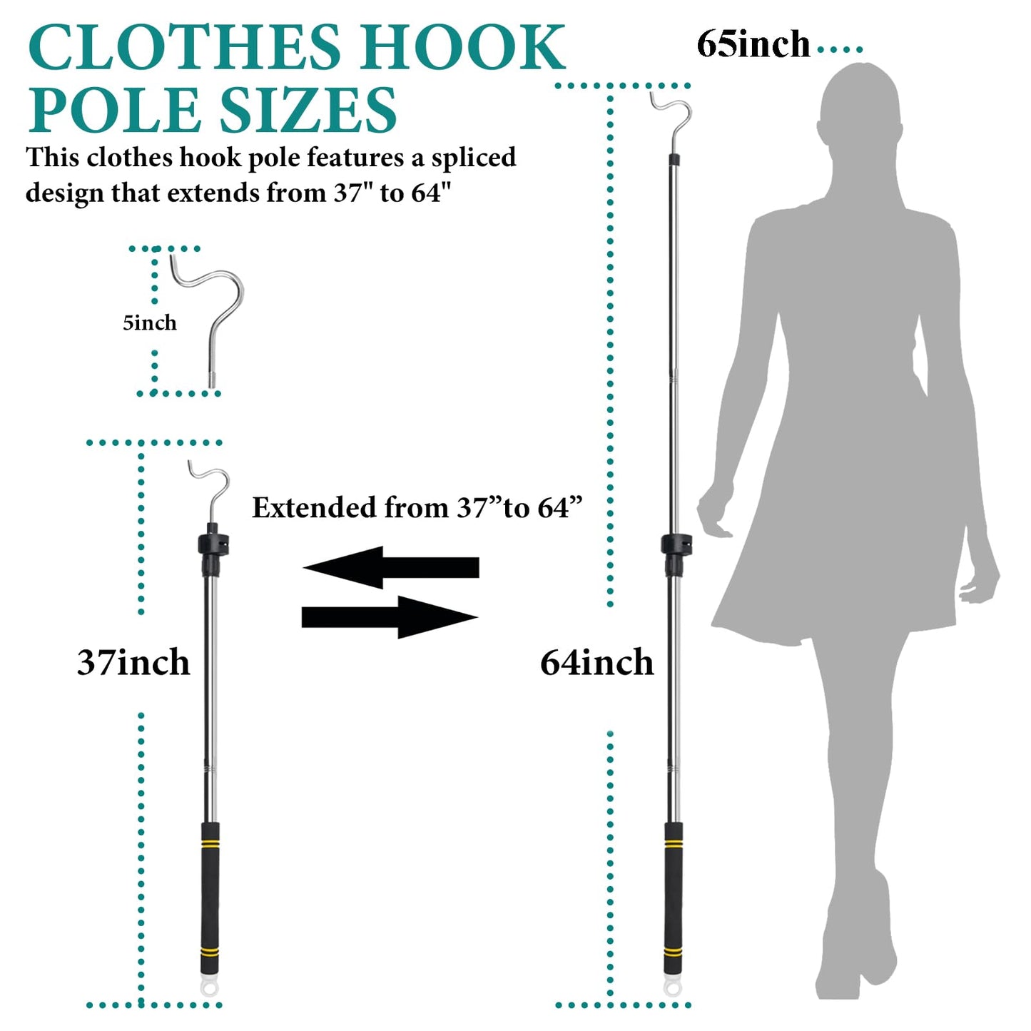 Greeily Clothes Hanger Reaching Hook Telescopic Adjustment clothes hook pole Light and can Extend from 37" to 65" with 4.7 "Hook and Sponge Handle.
