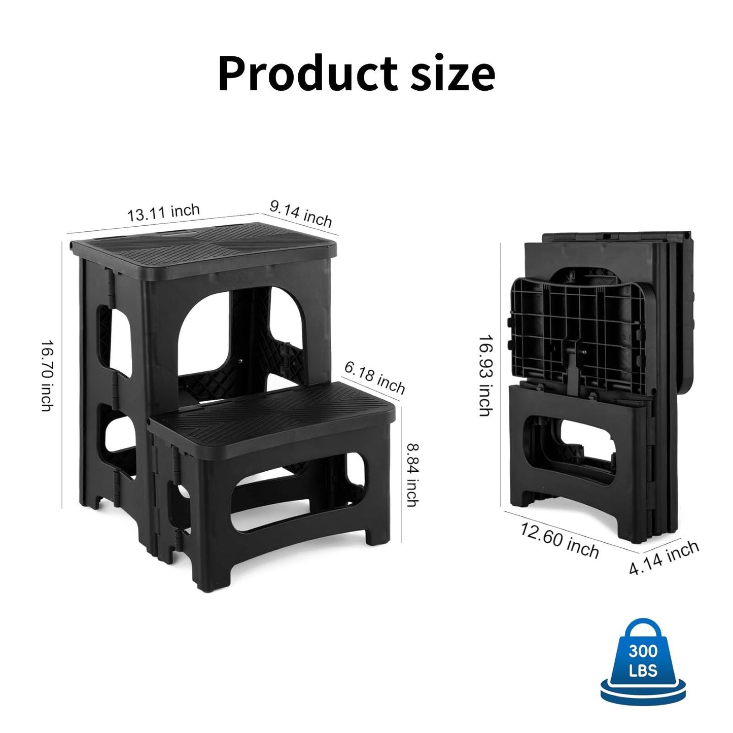 2-Step Folding Stool, Non-Slip Collapsible Step Stools, Bedside Stepstools, Portable Bedside Step Stool, Hold up to 300 lbs, Lightweight & Foldable Step Ladder for Kitchen Toilet Office Home RV-Black