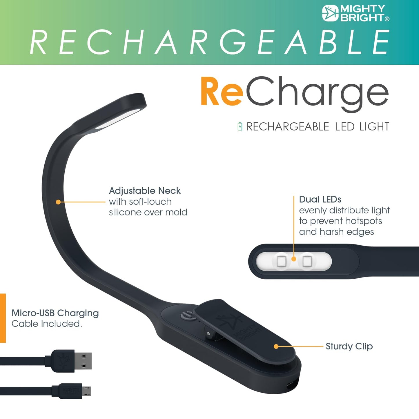 The Original Mighty Bright Recharge Clip On Rechargeable Book Light Reading Light, Warm Eye Care LEDs, Flexible, Durable, Dimmable, Perfect for Kids, Bookworms, Reading in Bed, Lasts 60 Hours (Black)