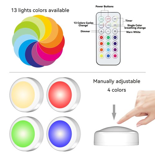 SEMSMOKS Puck Lights with Remote Control, Battery Operated LED Push Light Wireless, 13 Color RGB - for Closet, Bedroom Wall, Under Cabinet, Battery Powered Puck Lights. Convenient 3M Stick On, 6 Pack