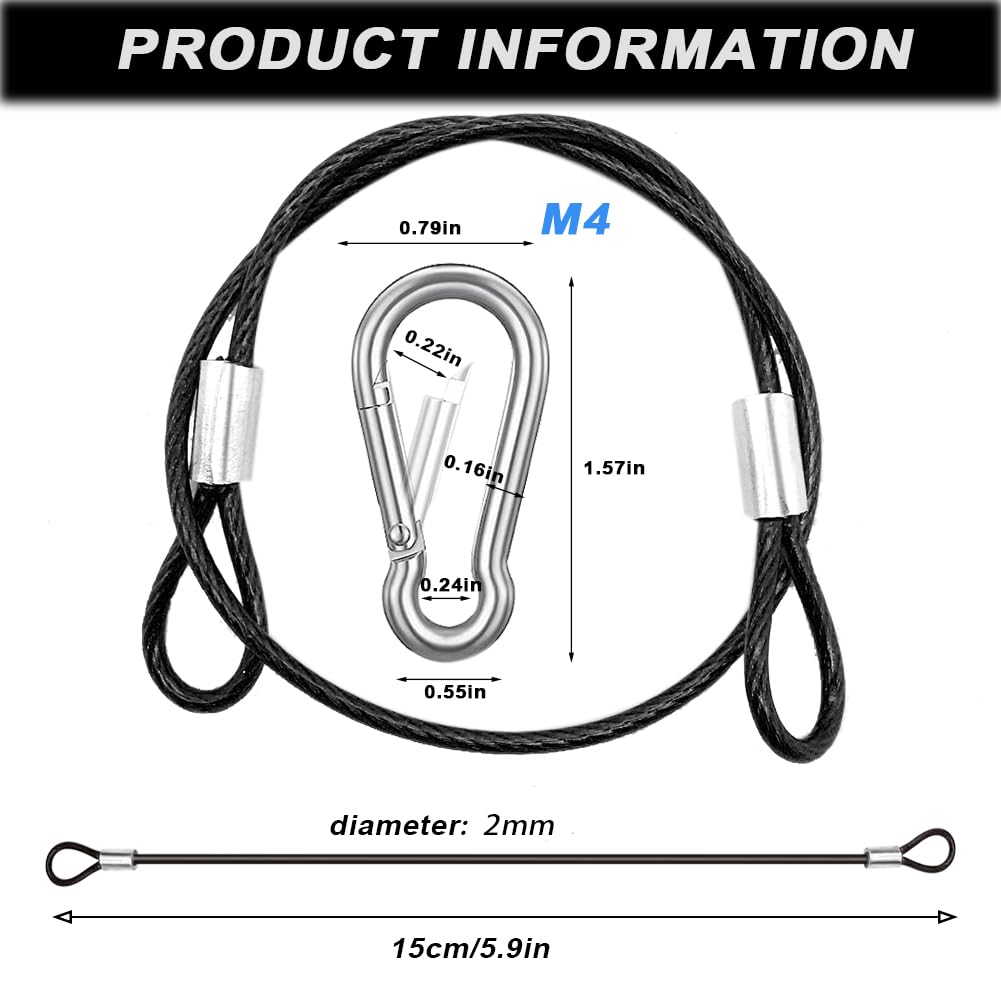 CKANDAY 20 Pack 6 Inch(15cm) Safety Stainless Steel Tethers with 4 Pcs Spring Snap Hook Clips, Steel Wire Cable with Loops Vinyl Cover Coated Short Rope Lanyard Lock Safety Tether Chains, Black