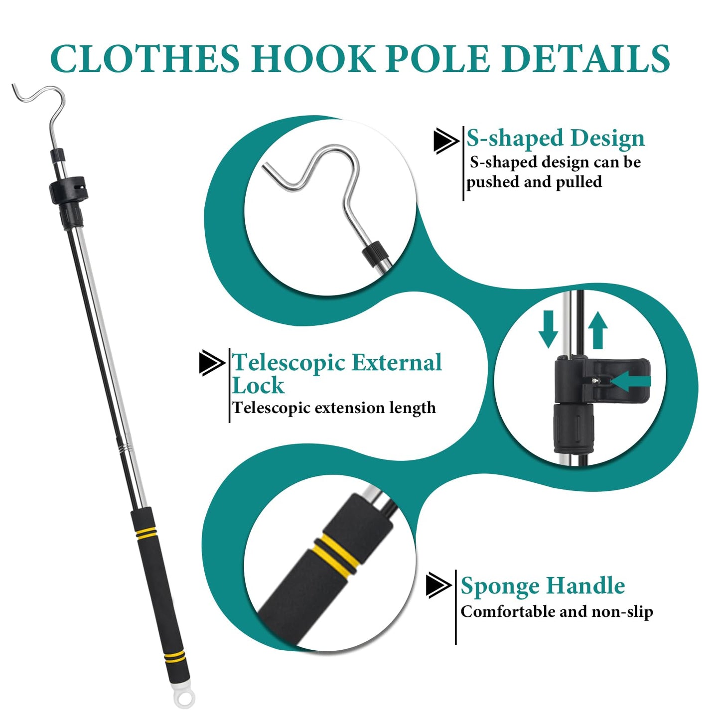 Greeily Clothes Hanger Reaching Hook Telescopic Adjustment clothes hook pole Light and can Extend from 37" to 65" with 4.7 "Hook and Sponge Handle.