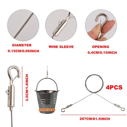 Adjustable Picture Hanging Wire Kit, Supports up to 50lbs Include 4pcs Picture Hanging Wire Hanger Hardware & 8 D Rings & 16 Screws, for Art Pictures Mirrors Billboards Frame Canvas