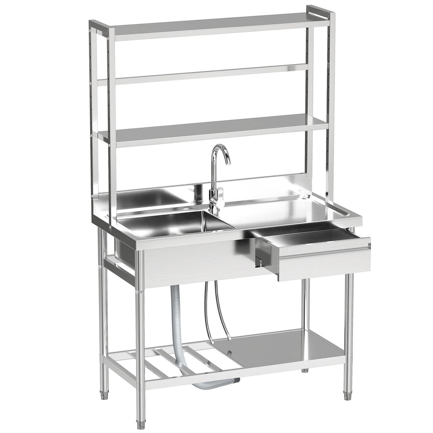 Toemics 39'' Stainless Steel Utility Sink, Free Standing Commercial Single Bowl Sink with Shelves & Right Drawer & Cold and Hot Water Pipe, Indoor and Outdoor Sink for Laundry Room, Garage, Kitchen