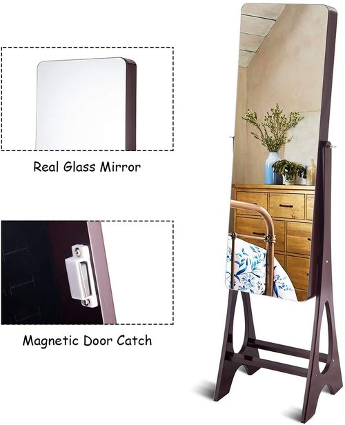 LED Mirrored Jewelry Cabinet Organizer, Wooden Bedroom Bathroom Floor Mirror Stand, Ring Slots, Lipstick Holders, Full-Length Mirror, Jewelry Cabinet Storage with Inner Mirror & 4 Storage Shelves