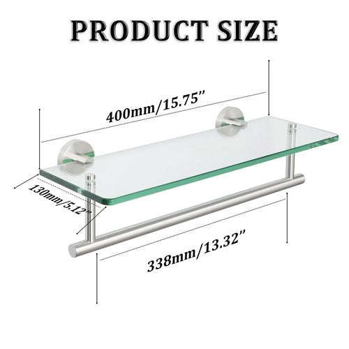 Alise Glass Shelves for Bathroom, 15.7 Inch Floating Glass Shelves for Wall,SUS304 Stainless Steel Floating Shelves for Bathroom, Toilet Room Decoration Brushed Finish GDL400BAR-LS