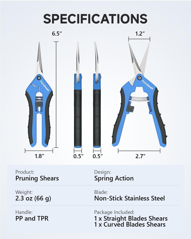 Fondwell 6.5" Pruning Shears Trimming Scissors: 2 Pack Straight & Curved Garden Snips with Micro Tip - Premium Plant Clippers for Precision Cutting