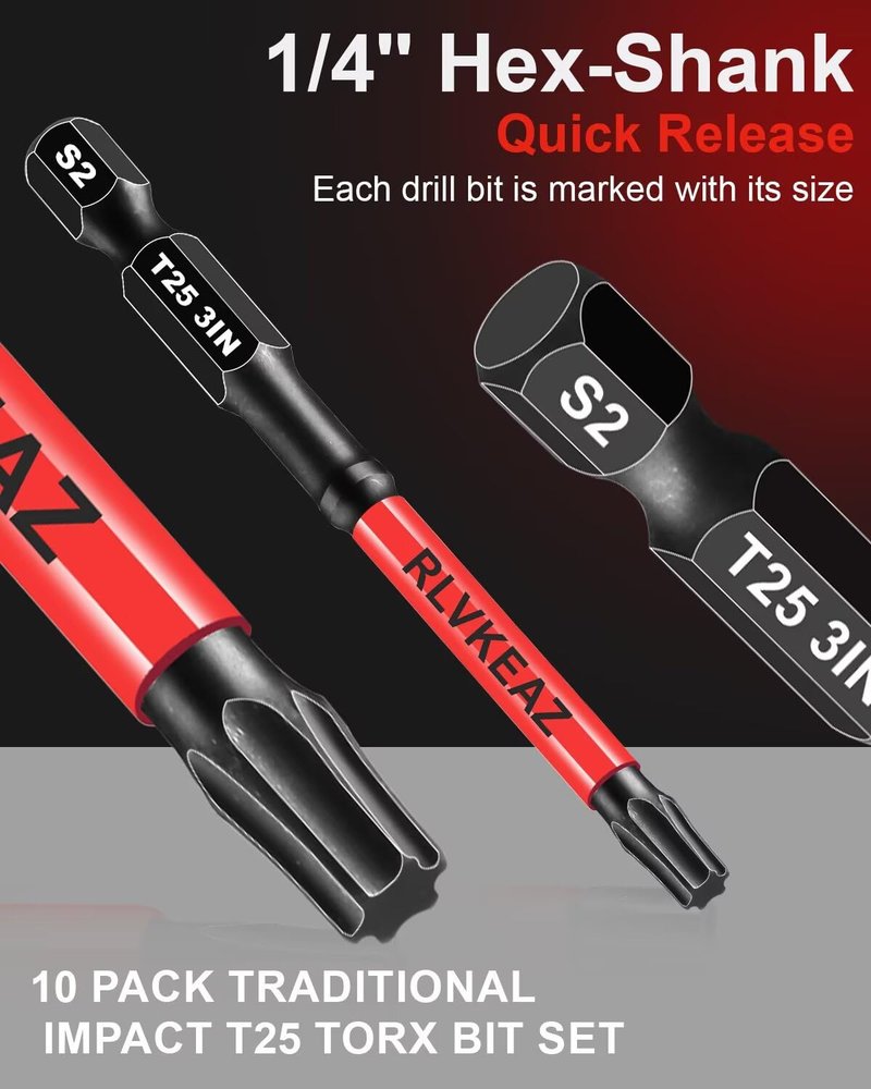 10-PCS T25 Torx Bits for Impact Driver, (1'' to 6'' Long) T-25 Star/Torx Bit Set, Premium Solid S2 Steel, Magnetic High-Torque, 1/4'' Hex-Shank for Auto Repair, Deck Building & DIY Projects