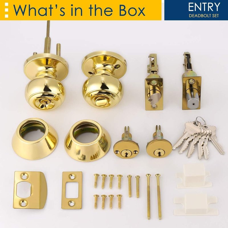 Brotima 1 Pack Polished Brass Round Style Entry Door Knobs and Deadbolt Combination Set, Keyed Alike Double Cylinder Deadbolt Door Lock Set