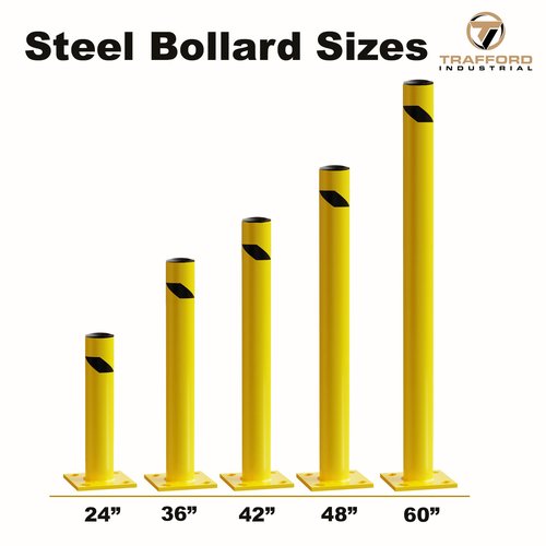 Trafford Industrial Yellow Powder-Coated Steel Safety Bollard, Heavy-Duty Bollard Post, Parking Barrier for Traffic Safety and Access Control, Hardware Included