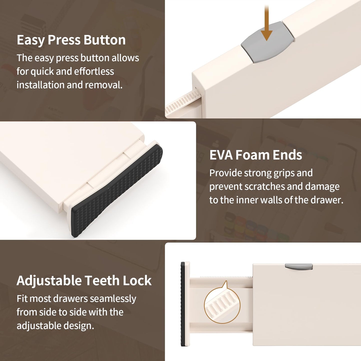 NTQNOIKA Drawer Dividers Organizer 9 Pack, Adjustable Separators 4" High Expandable from 11-17" for Bedroom, Bathroom, Closet, Clothing, Office, Kitchen (Beige, 9 PACK)