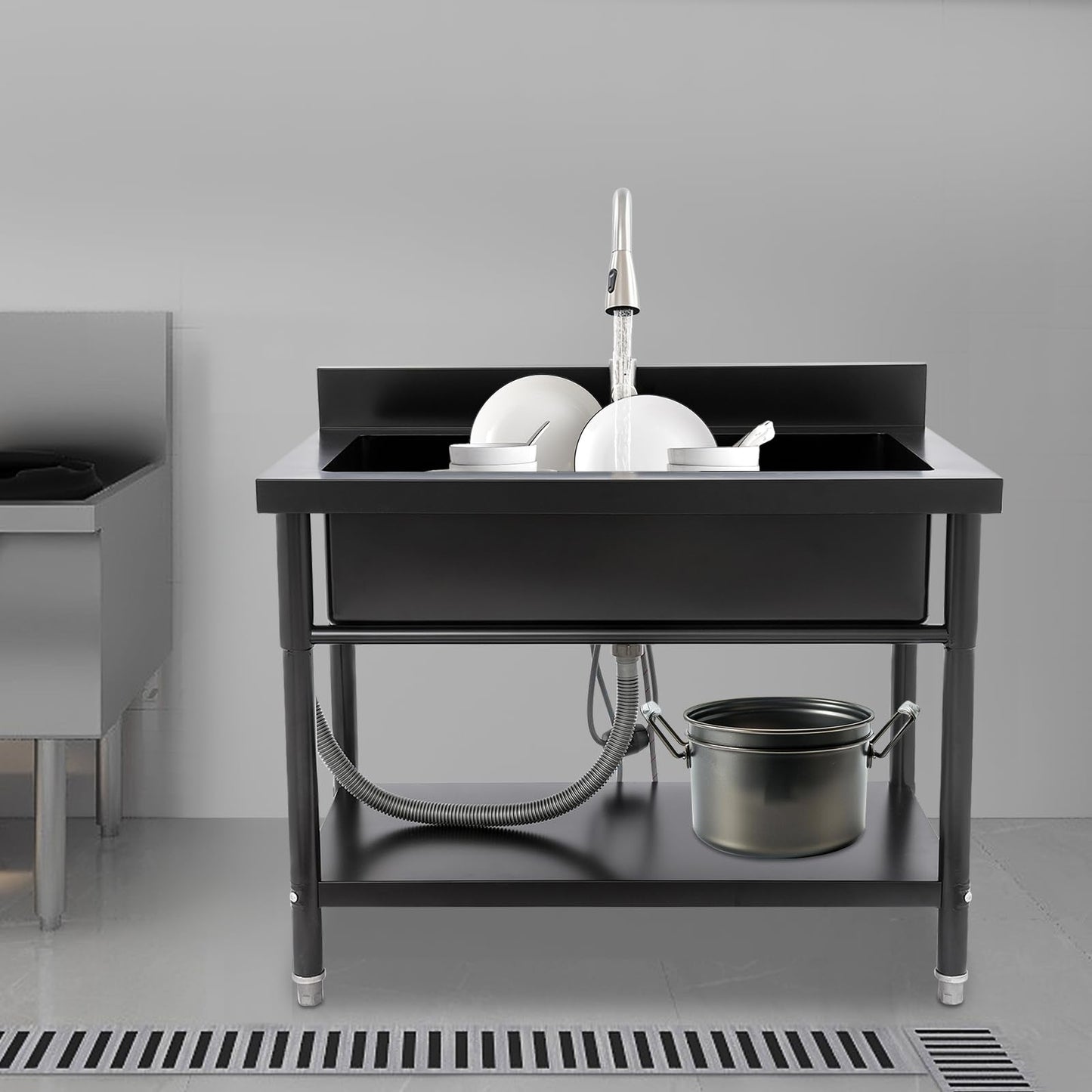 Stainless Steel Utility Sink, Freestanding Commercial Kitchen Sink with Pull-Out Faucet, Large Capacity Laundry Sink, Single Bowl Garage Sinks for Garage Basement Outdoor Indoor Use (Black)