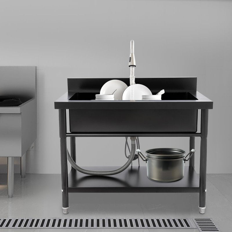 Stainless Steel Utility Sink, Freestanding Commercial Kitchen Sink with Pull-Out Faucet, Large Capacity Laundry Sink, Single Bowl Garage Sinks for Garage Basement Outdoor Indoor Use (Black)