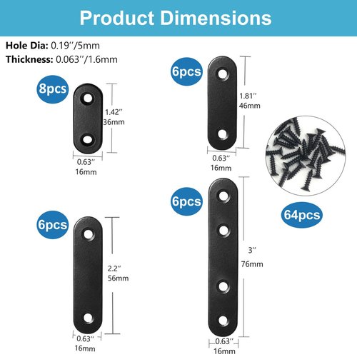 QSJ 26 Sets Flat Plate Straight Bracket Flat Brace Bracket Stainless Steel, 36mm/46mm/56mm/76mm Wood Brackets Mending Repair Plate Brace