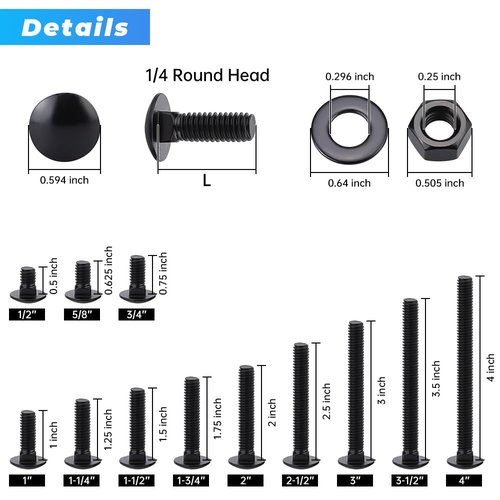 Glvaner (10 Sets) 1/4-20 x 1-1/2" Stainless Steel Carriage Bolts Screws Black and Hex Nuts & Flat Washers Black, Round Head Square Neck, 304 Stainless Steel 18-8, Full Thread Coverage