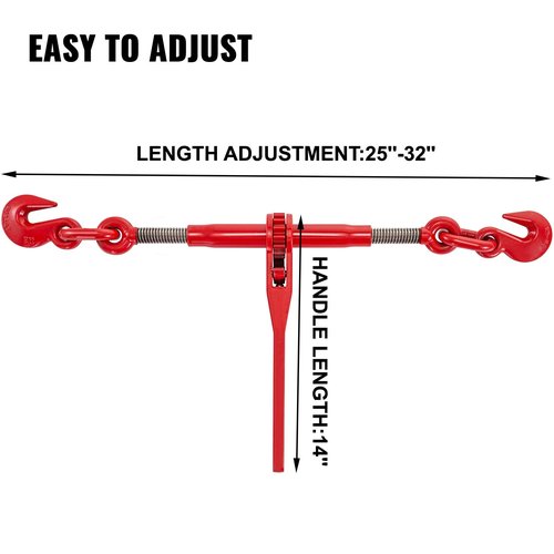 VEVOR Chain Binder 3/8in x 1/2in, Ratchet Load Binder 9215lbs Capacity, Ratchet Lever Binder w/ G70 Hooks, Adjustable Length, Ratchet Chain Binder for Tie Down, Hauling, Towing, 2 Packs in Red