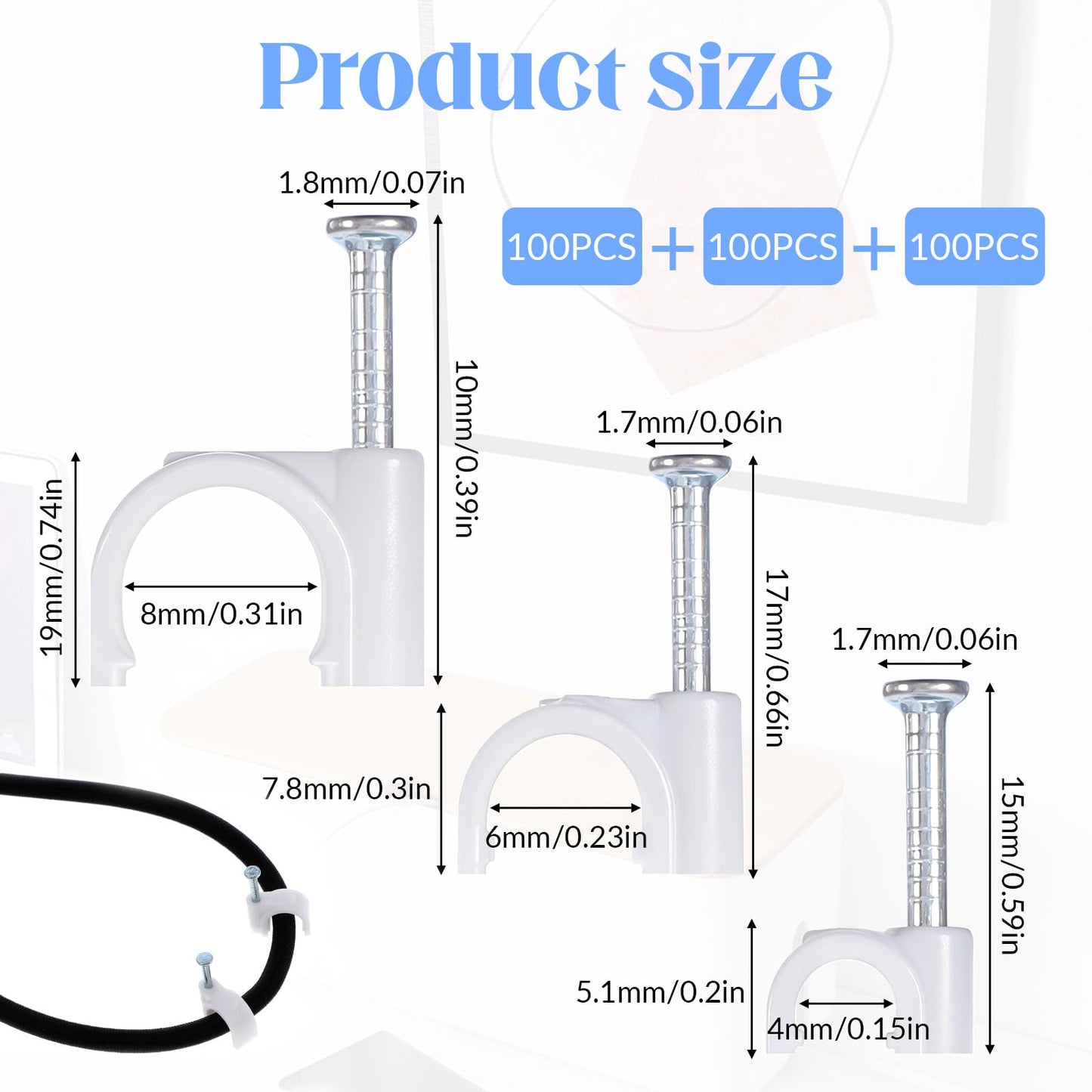 Bewudy 300Pcs Nail Cable Clips, Cable Wire Clips 4mm 6mm 8 mm White Wire Wall Clip with Steel Nails Cables Management Organizer Clip Cables Holder