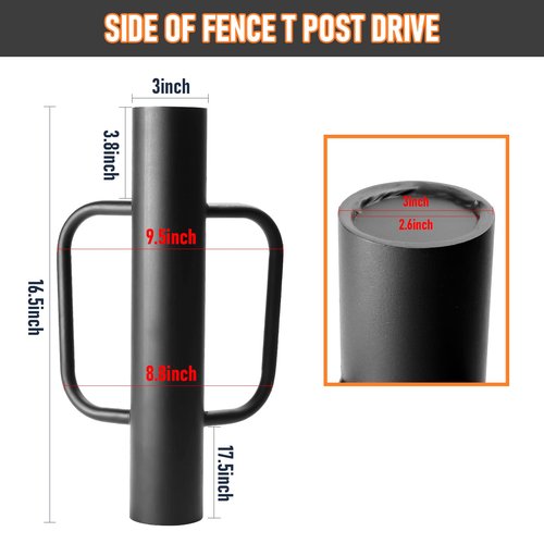 ICokin Black Fence Post Driver,16.5 Inch T Post Driver,12LB Hand Post Pounder with Handle, Heavy Duty Post Hole Diggers