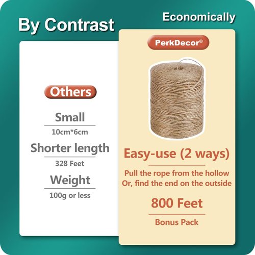 PerkDecor 2Pack 2mm Natural Jute Twine String 1600 Feet Long Twine String for Crafting Gardening Gift Wrapping Macrame DIY Home Decor (Brown-800Feet/Roll)