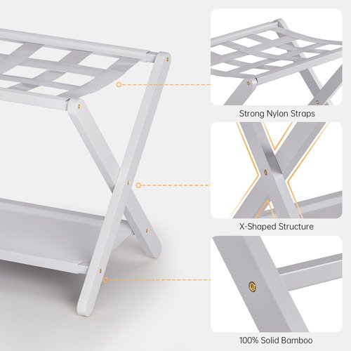 HITNET White Luggage Rack, Folding Suitcase Stand, Bamboo Luggage Holder with Storage for Guest Room Bedroom Hotel