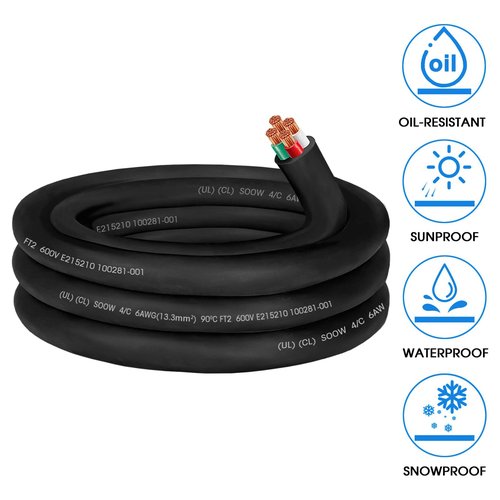 6ft 6/4 AWG SOOW Wire,6 Gauge SOOW Portable Power Cable 4 Conductor 600V 6/4 6 Gauge Electric Wire Extension Cord for Motor Lead,Generator,Welder,NEMA 14-50 RV Outlet Box,EV Car Battery Charger
