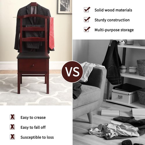 ZCXBHD Suit Valet Stands for Women and Men with Drawer Freestanding Clothes Rack with Trouser Bar and Tie Bar Wooden Chair Valet Stand(Brown AA)