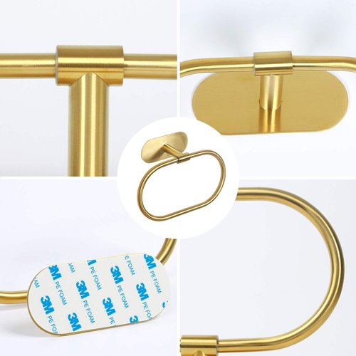 HouseAid Self Adhesive Towel Ring for Bathroom, Stainless Steel Adhesive Hand Towel Holder, No Drilling Modern Hand Towel Hanger, Brushed Gold