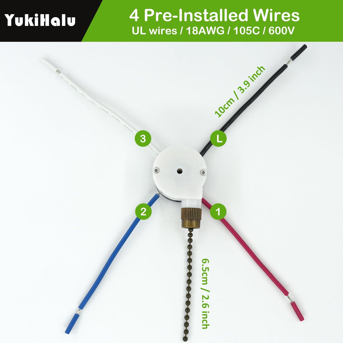 YukiHalu Ceiling Fan Pull Chain Switch 3 Speed 4 Pre-Installed Wires, ZE-208S, Replacement Fan Light Switch for Ceiling Fans and Light Kits (Antique 1Pack)