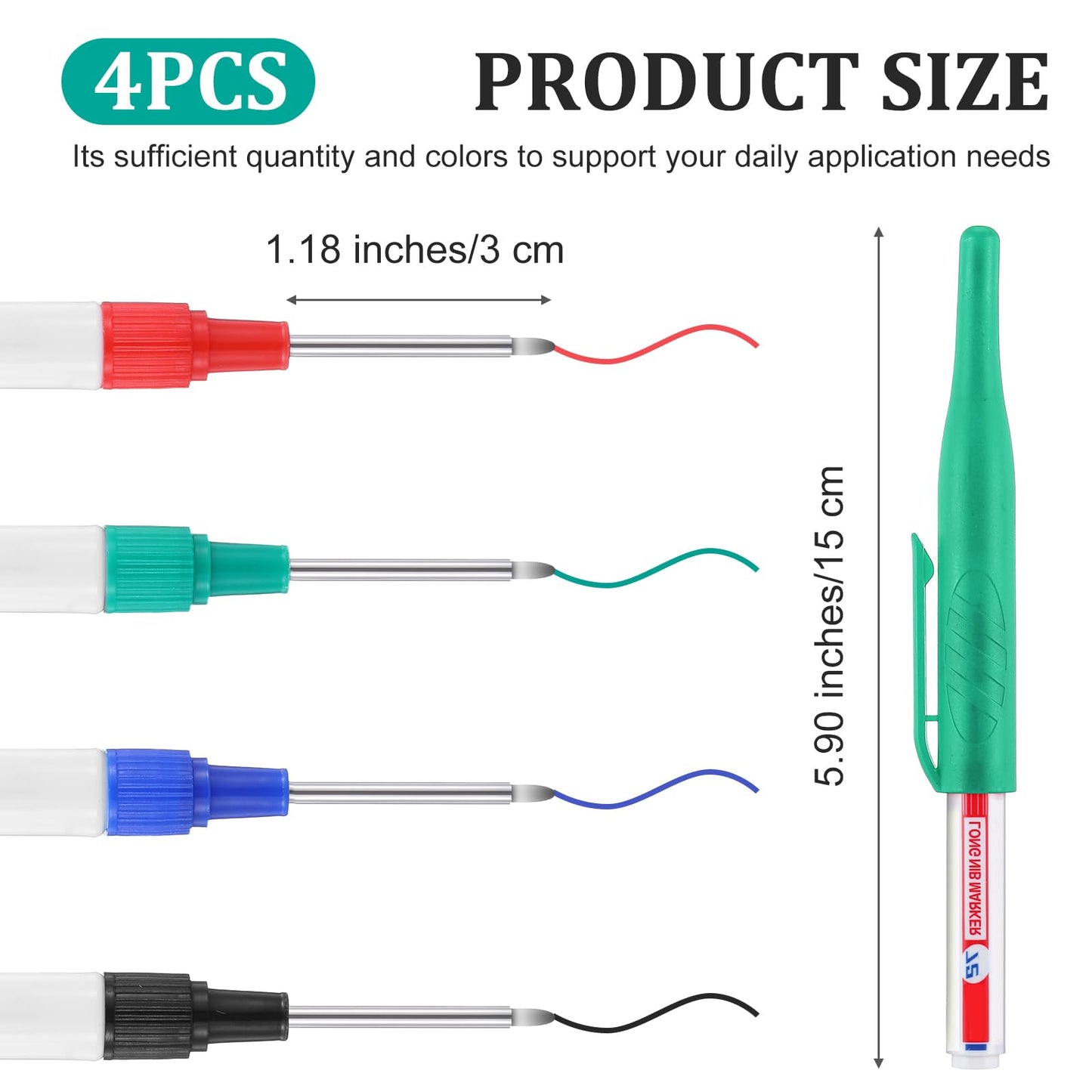 Heclia Long Nib Marker 4 PCS Long Head Deep Hole Marker Pens Multi Purpose Deep Reach Markers Waterproof Construction Long-Nose Markers Quick Dry Carpenter Pen for Bathroom Woodworking Marking Tool