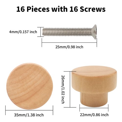 Bmgop 16PCS Wood Knobs Flat Top Round Cabinet Knobs 1.39"(35mm) Natural Wooden Dresser Drawer Pulls Kitchen Cabinet Handles
