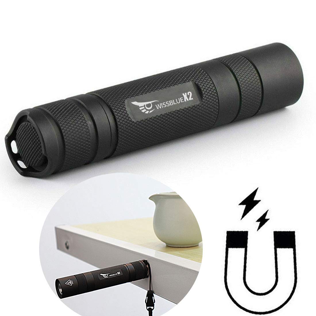 WISSBLUE X2 1600 High Lumens Tactical Flashlight Rechargeable with Magnetic Base COB, 6 Modes EDC Flashlight Men Gift