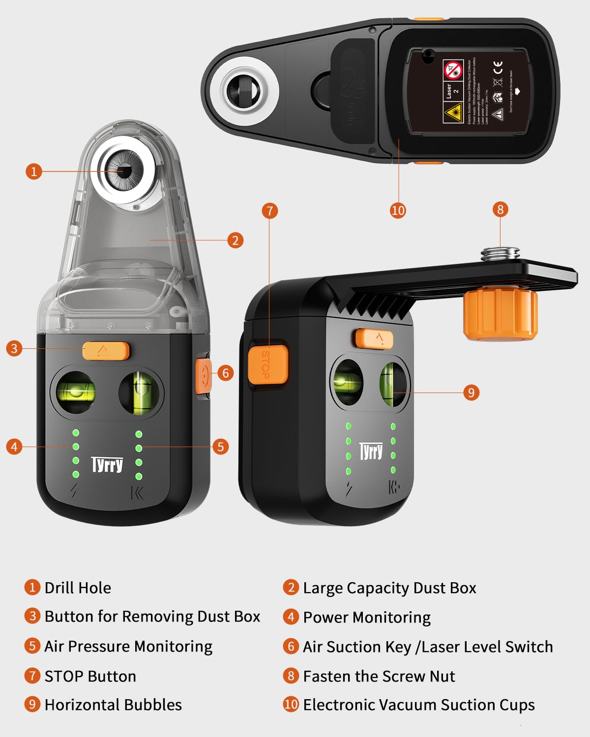 Tyrry 4-in-1 Multifunctional Laser Level Tool with Drilling Dust Collector, Wall Bracket, Electronic Vacuum Suction Cup, Level Tool with Rechargeable Battery for Picture Hanging, Home Renovations