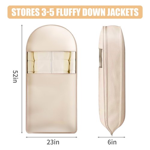 2Pcs Space Saving Hanging Garment Bag with Self Compression Zipper, Dustproof Clothes Storage Cover with Clear Window for Down Coats, Suits, Jackets, Closet Organizer (Beige, 52"x23"x6")