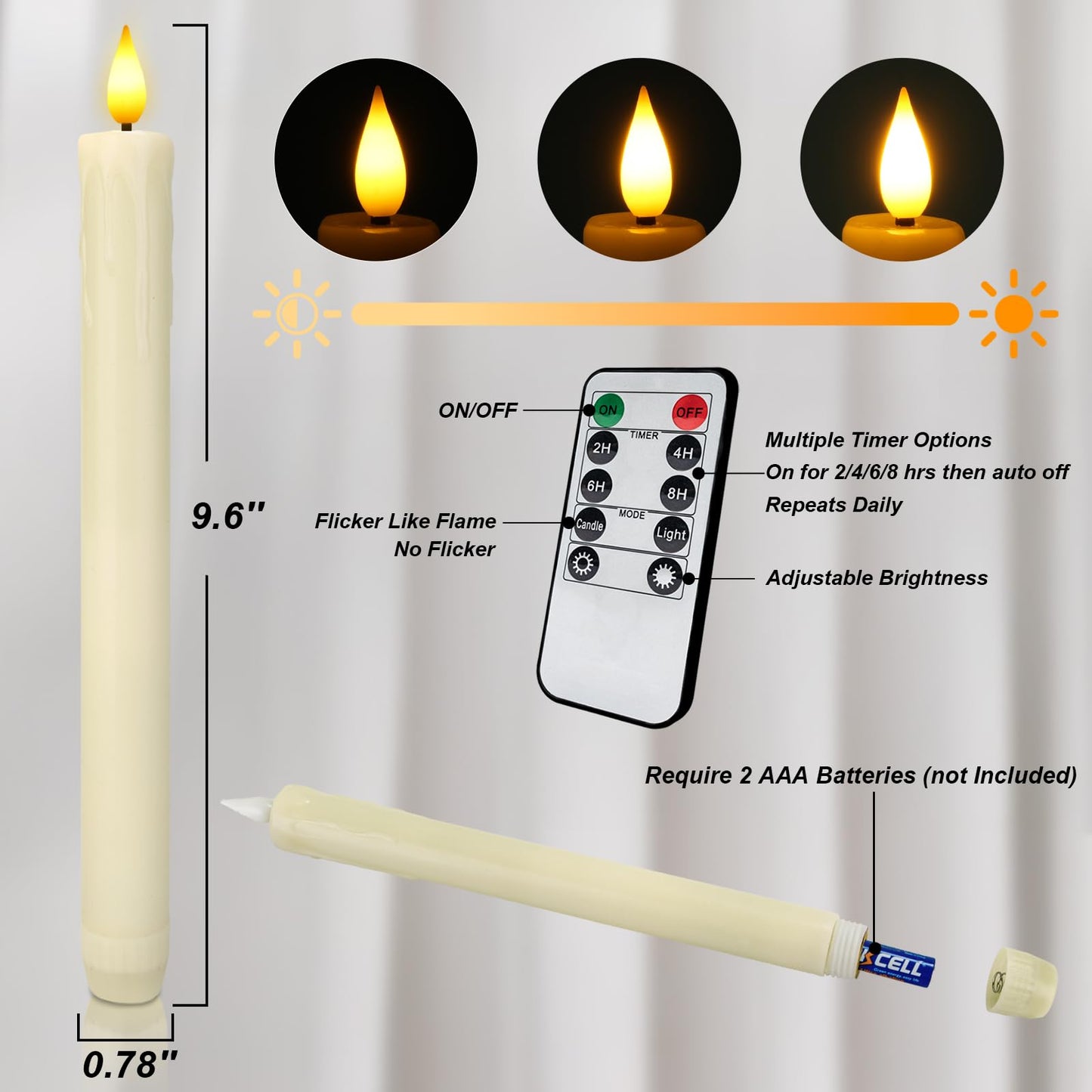 Homemory Real Wax LED Flameless Taper Candles with Remote Timer, 9.6 Inches Ivory Fake Candlesticks, Dripless Battery Operated Window Candle with 3D Flickering Flame for Fireplace Xmas Halloween