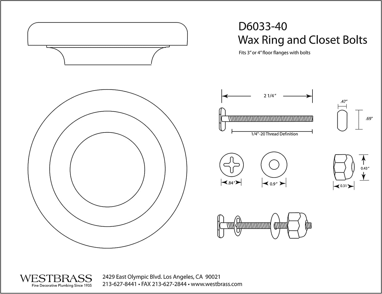 Westbrass D6033-40 Thick Wax Ring Gasket for Toilet Bowl, Includes Flange and Closet Bolts (24-Pack), Tan (D6033-40-24)
