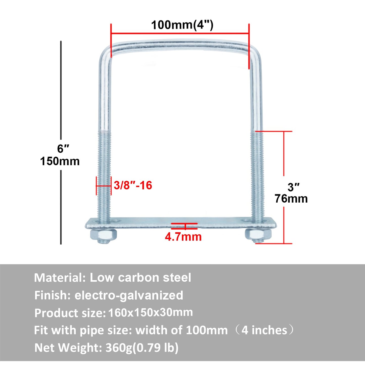 YIDU69Q 6 PCS Square U-Bolts for Trailer, 3/8" x 4" x 6", Galvanized Steel