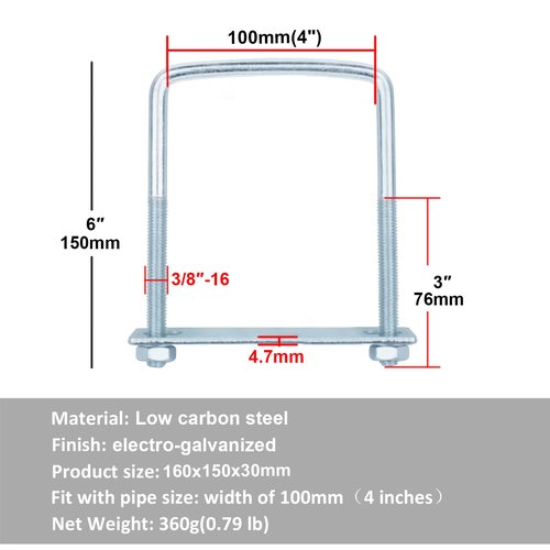 YIDU69Q 6 PCS Square U-Bolts for Trailer, 3/8" x 4" x 6", Galvanized Steel