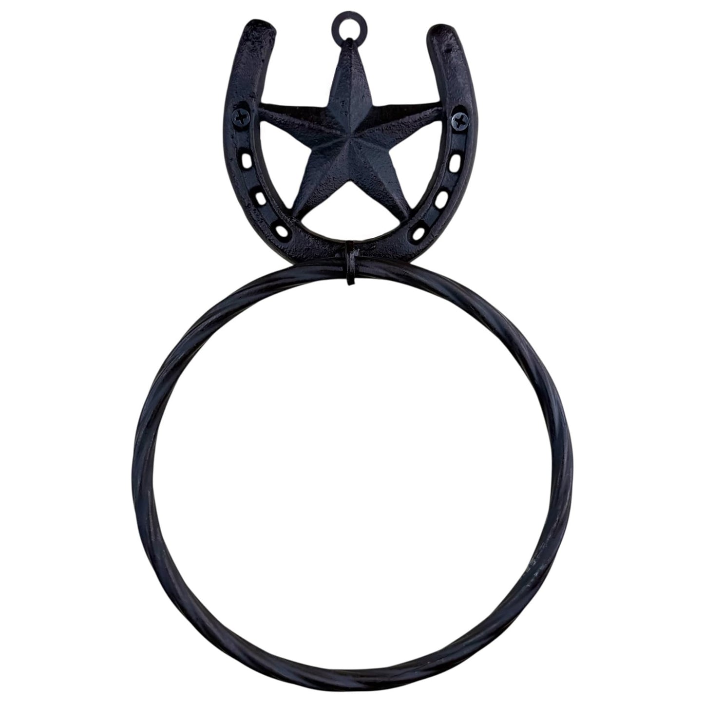 Rustic Western Horseshoe Towel Ring with Barn Star – Heavy Duty Cast & Wrought Iron Wall-Mounted Hand Towel Holder – 11” x 7” – Rustic Brown Finish