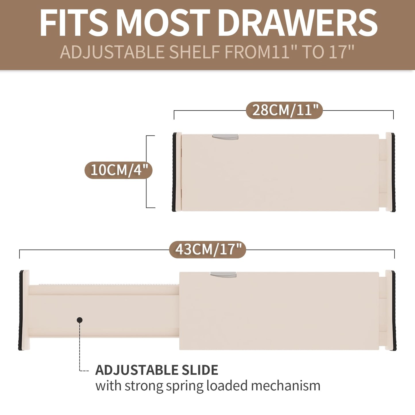 NTQNOIKA Drawer Dividers Organizer 9 Pack, Adjustable Separators 4" High Expandable from 11-17" for Bedroom, Bathroom, Closet, Clothing, Office, Kitchen (Beige, 9 PACK)
