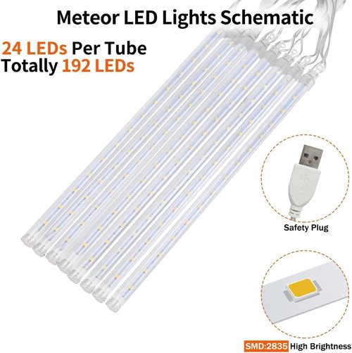 Christmas Meteor Shower Lights, USB Powered 12 Inch 8 Tubes Outdoor Falling Rain Drop Snowfall Icicle Light for Xmas Holiday Tree Garden Decor