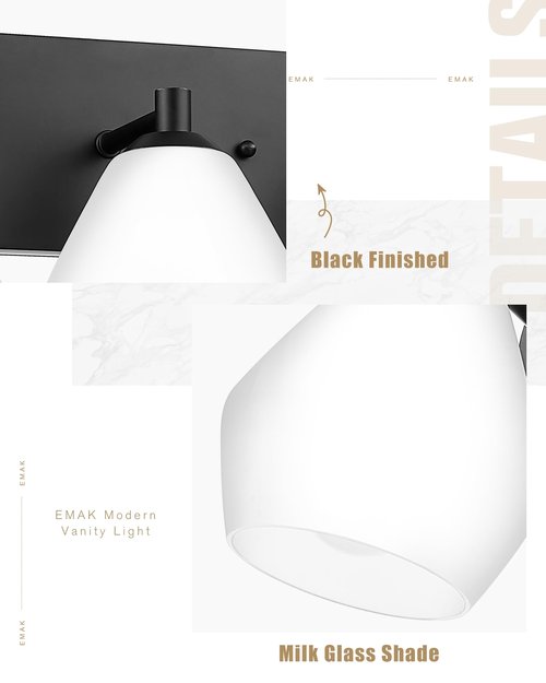 Emak Modern 2-Light Bathroom Vanity Light, Black Bathroom Light Fixtures with Milk Glass Shade, Farmhouse Vanity Lights for Mirror, Bath, VL129-BK-ML-2