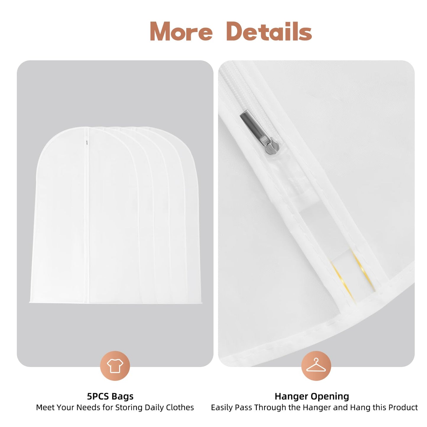 Garment Bags Dust Cover Storage Clear Dust Jacket,Five-Fiece Plastic Dust Suit Bag,White Zipper Breathable Full Zipper for Clothes Closet Coat Protection Garment Cover (60 x 120cm)