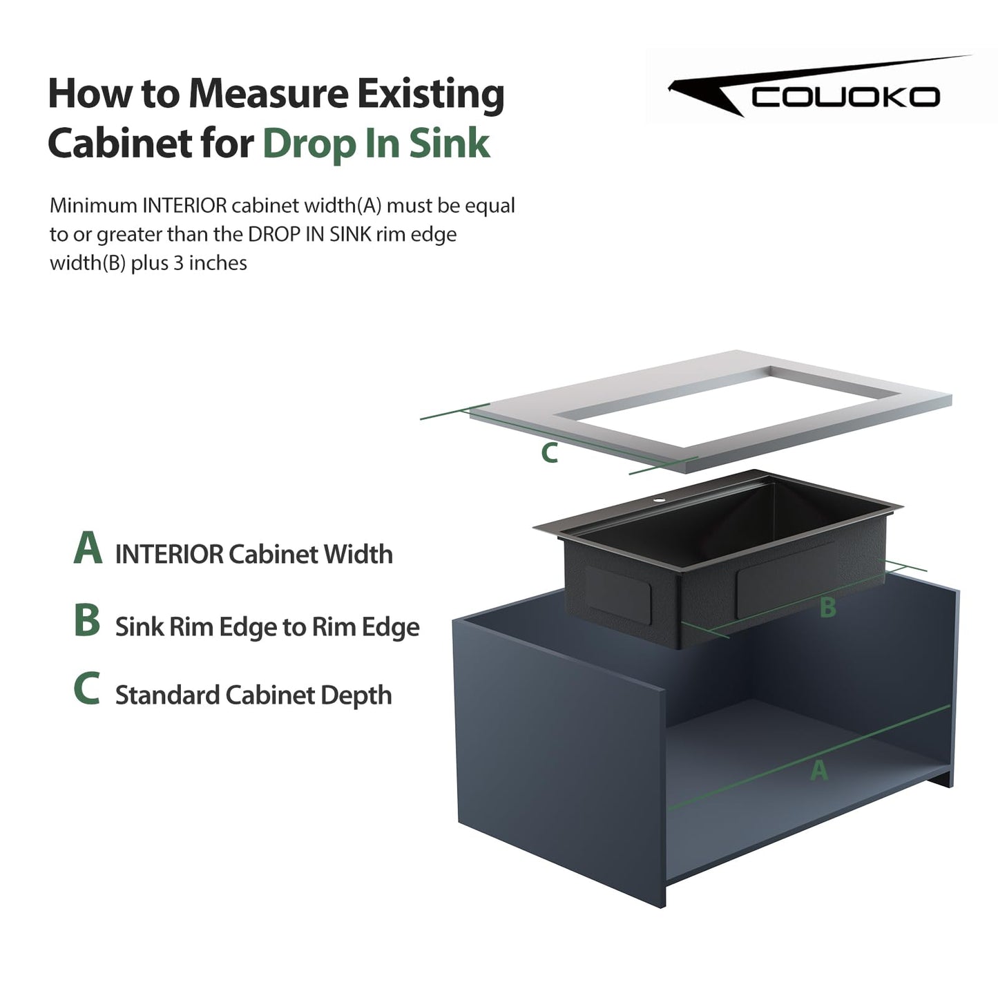 Couoko 33x22 Drop In Kitchen Sink Black Workstation 16 Gauge Stainless Steel Single Bowl Kitchen Sinks Gunmetal Black Nano PVD Handmade Large Deep Sinks 33" x 22" x 9" Inch