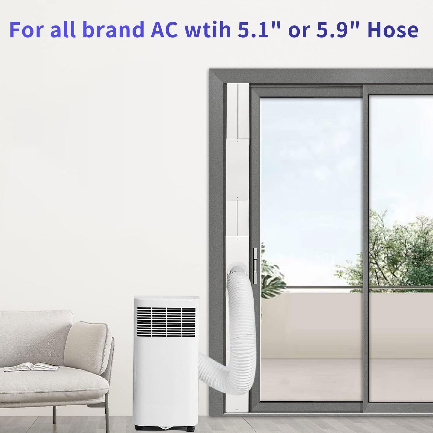 JEACENT Portable Air Conditioner Sliding Door AC Vent Kit, Universal Adjustable PVC Balcony Seal Kit Plates Up to 90 Inches, for 5.1" and 5.9" Diameter Portable AC Exhaust Hose