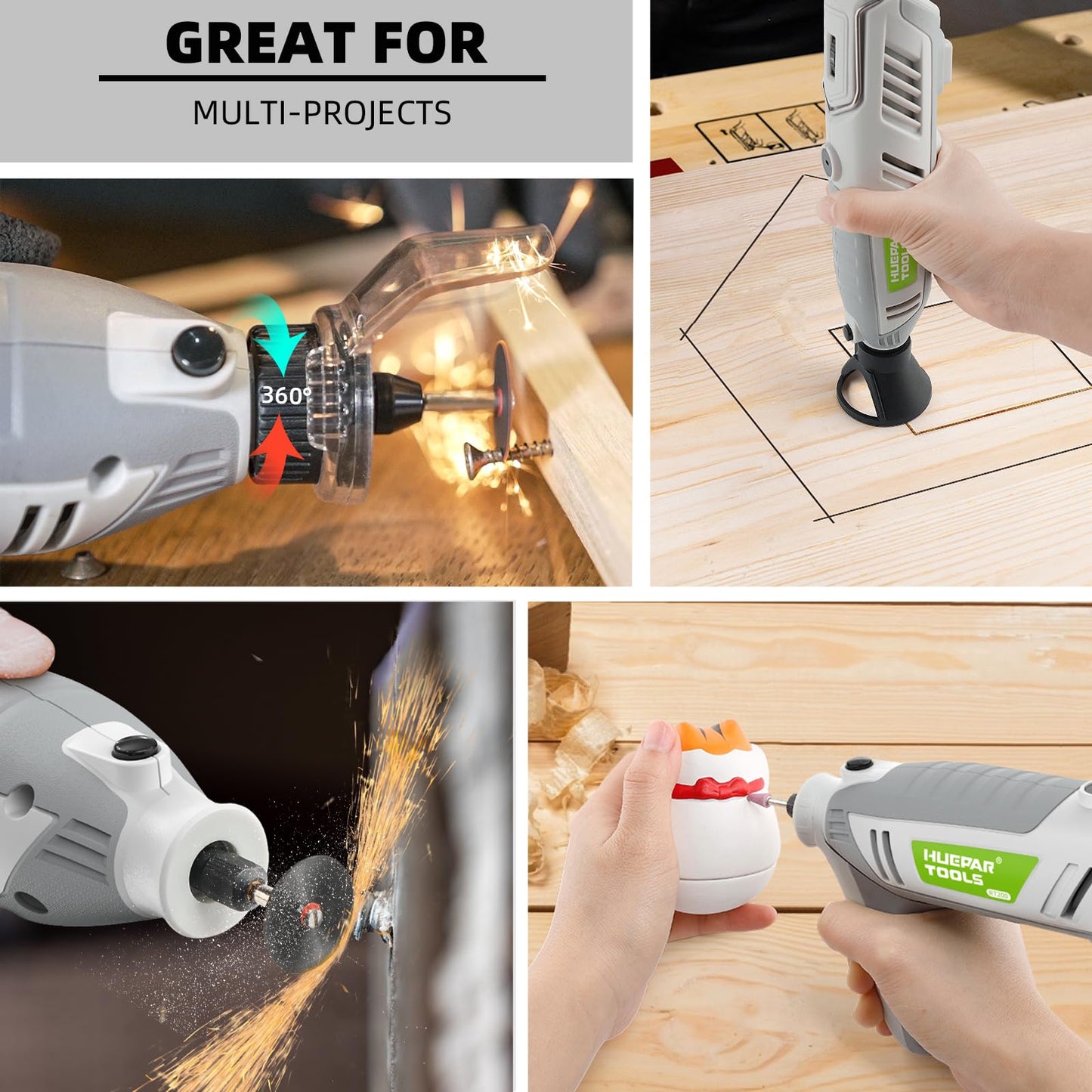 Rotary Tool Kit, 200W 1.8 AMP Huepar Tools with Flex Shaft 239pcs Accessories include MultiPro Keyless Chuck, 6 Variable Speed 10000-40000RPM Electric Drill Set for Crafting Projects and DIY Creations