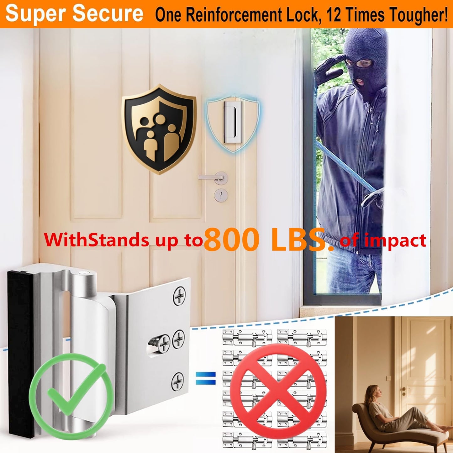 Home Security Door Locks for Kids Safety 2 Pack Extra Childproof Door Reinforcement Lock Latch Device from Inside for Inward Swinging Front Back Patio Courtyard Bedroom Interior Doors (Sliver+Black)