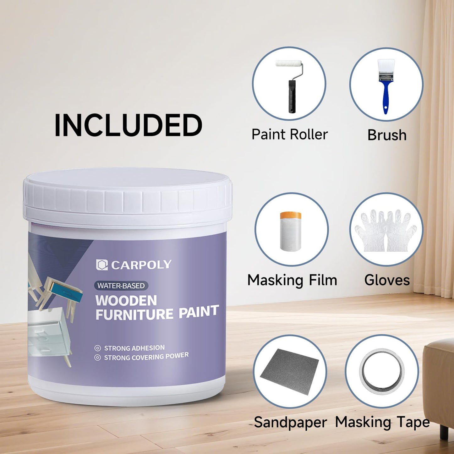 CARPOLY Furniture Paint Kit 16oz with Tools - Water-based & Low Odor All-in-One No Sanding - Matte Finish Indoor Outdoor Wood Paint for Cabinets, Doors, Tables and Dressers - White