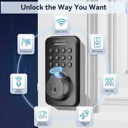 Ulecoce Keyless Entry Door Lock Built-in WiFi with Handle Set, Smart Lock with App Control, Electronic Keypad Deadbolt with Doorbell, One-time Code, Auto-Locking, Easy to Install